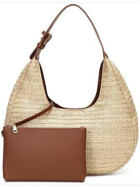 Straw Woven Hobo Handbag with Adjustable Strap and Matching Pouch